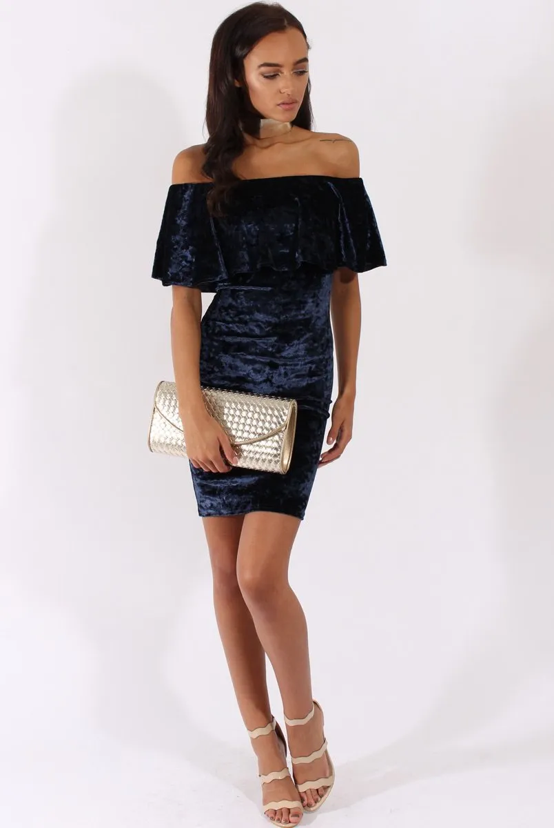 Navy Crushed Velvet Frill Dress - Esmy