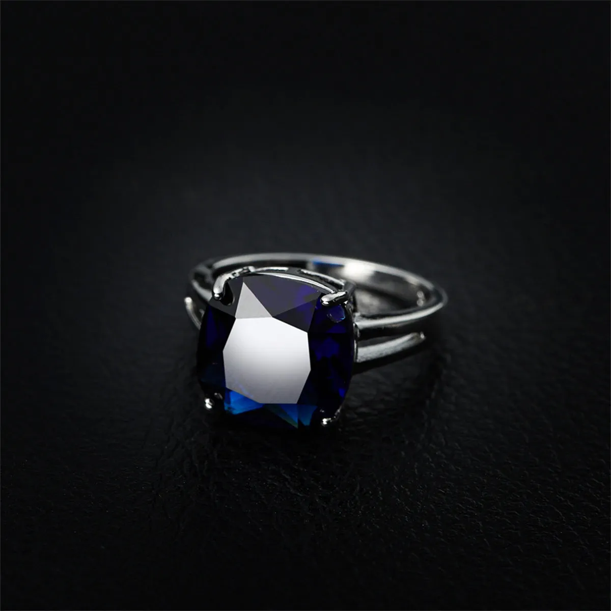 Navy Crystal & Silver-Plated Cushion-Cut Solitaire Ring