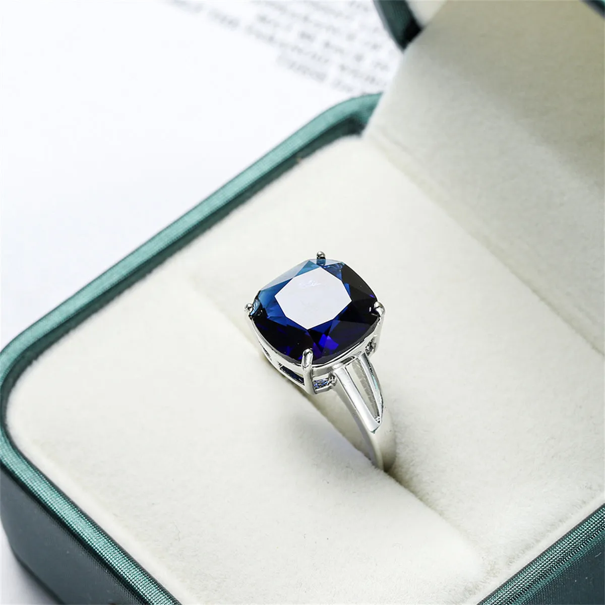 Navy Crystal & Silver-Plated Cushion-Cut Solitaire Ring