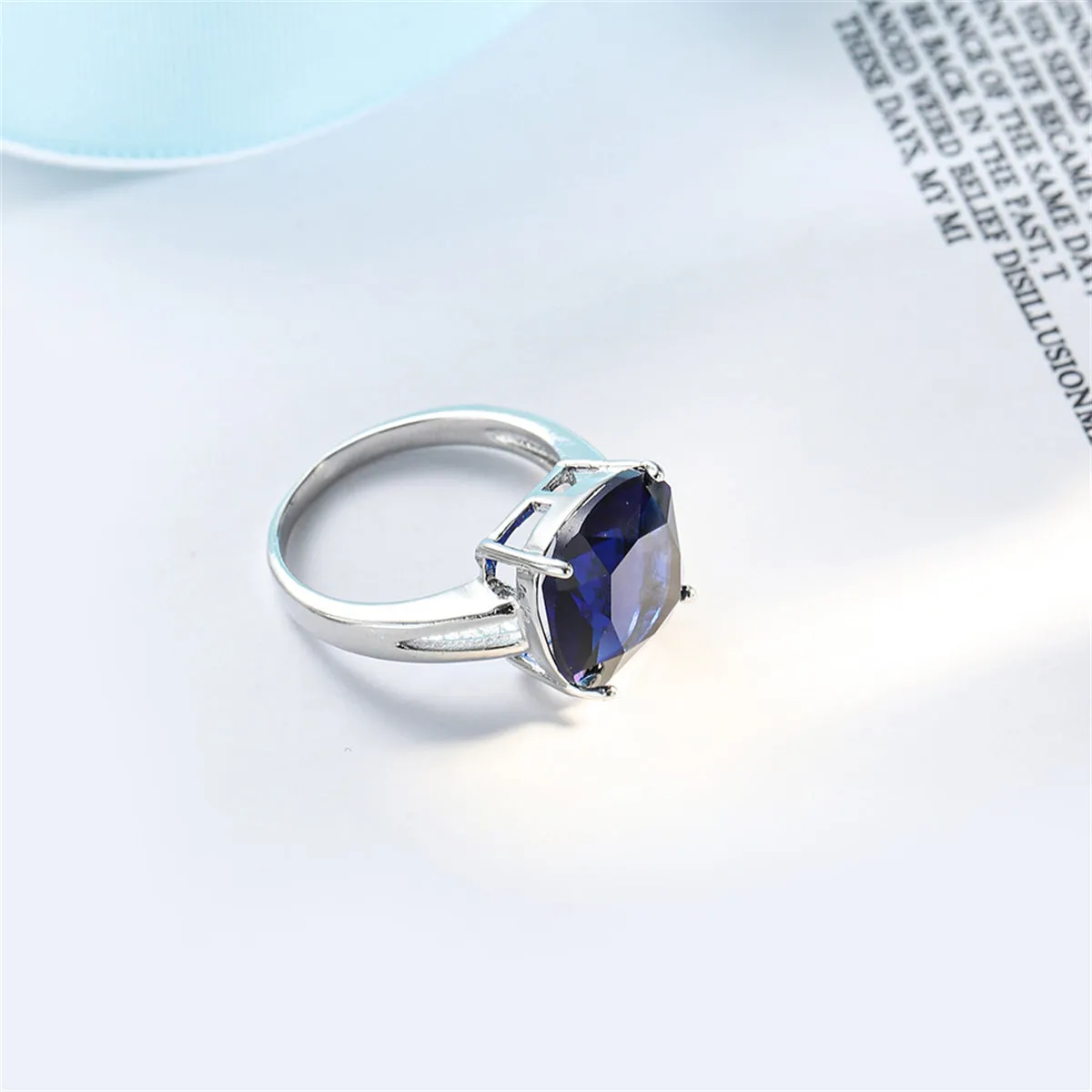 Navy Crystal & Silver-Plated Cushion-Cut Solitaire Ring