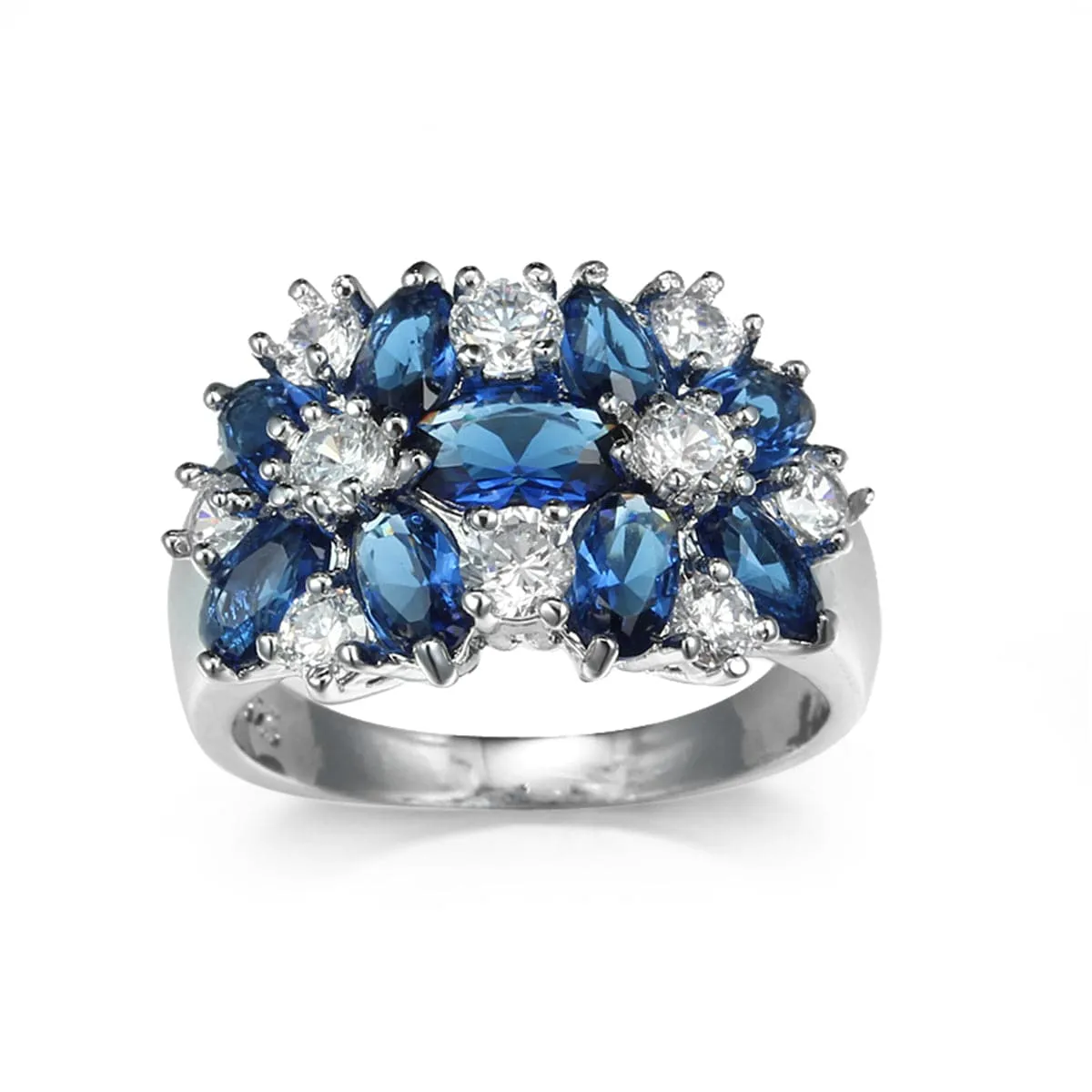 Navy Crystal & Silver-Plated Floral Band Ring