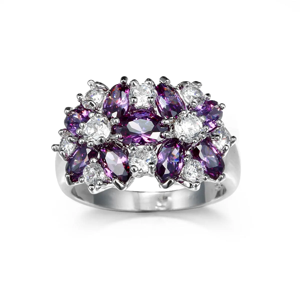 Navy Crystal & Silver-Plated Floral Band Ring