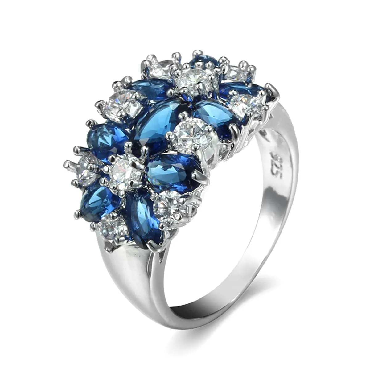Navy Crystal & Silver-Plated Floral Band Ring