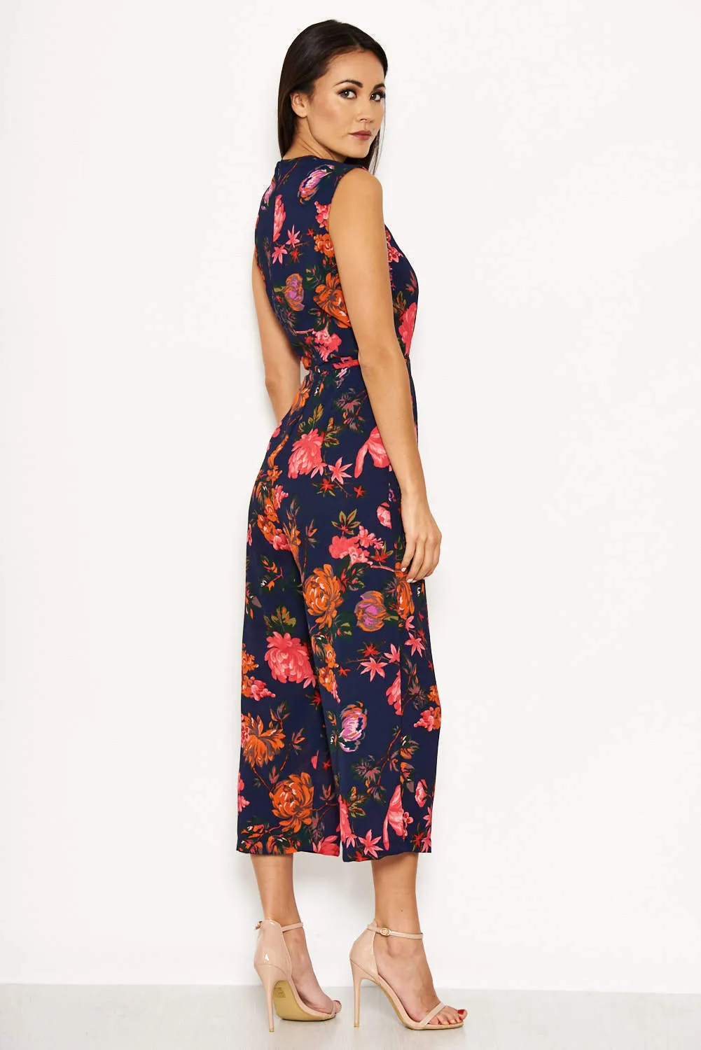 Navy Floral Culotte Jumpsuit With Tie Waist