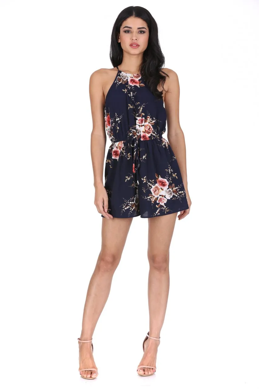 Navy Floral High Neck Playsuit
