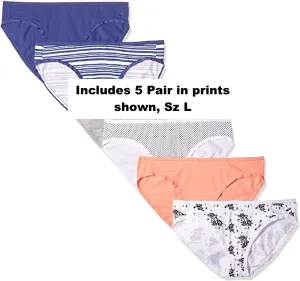 New Amazon Essentials Women's Cotton Stretch Hi Cut Bikini Panty, 5-Pack in prints shown, Sz L!