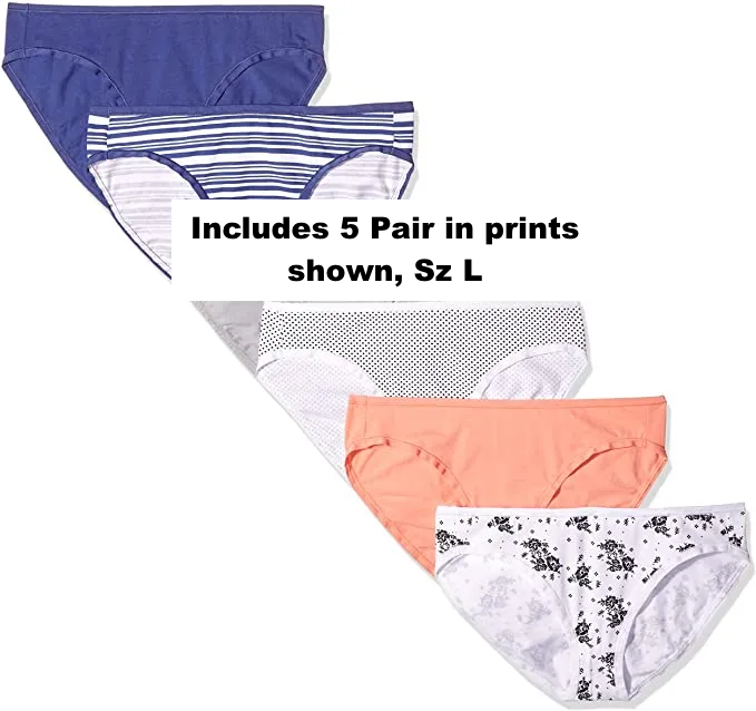 New Amazon Essentials Women's Cotton Stretch Hi Cut Bikini Panty, 5-Pack in prints shown, Sz L!