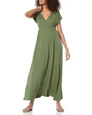New Amazon Essentials Women's Surplice Maxi Dress in Olive, Sz M!