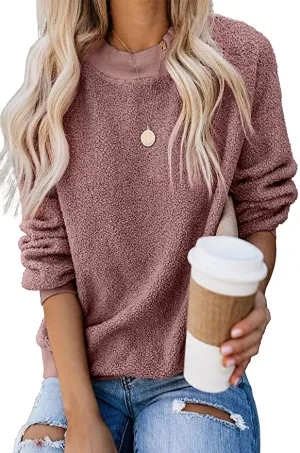 New MetCuento Women's Sherpa Fleece Casual Crewneck Sweatshirt Pullover in solid pink, Sz S
