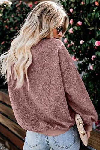 New MetCuento Women's Sherpa Fleece Casual Crewneck Sweatshirt Pullover in solid pink, Sz S