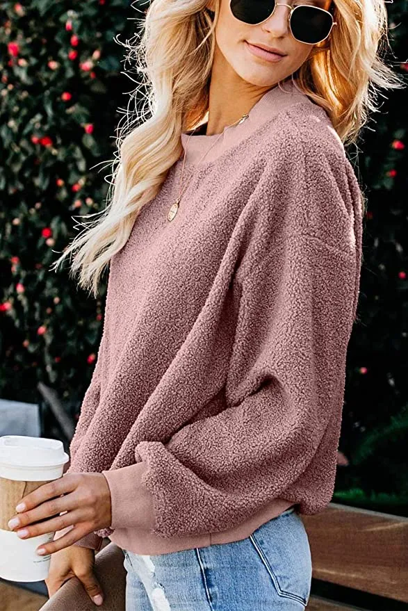 New MetCuento Women's Sherpa Fleece Casual Crewneck Sweatshirt Pullover in solid pink, Sz S