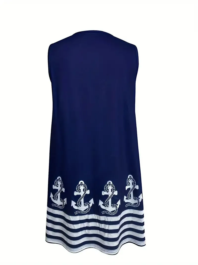 NEW Retails $55 Sz L Bovuf Anchor Print V Neck Tank Dress, Casual Sleeveless Dress For Spring & Summer, Women's Clothing