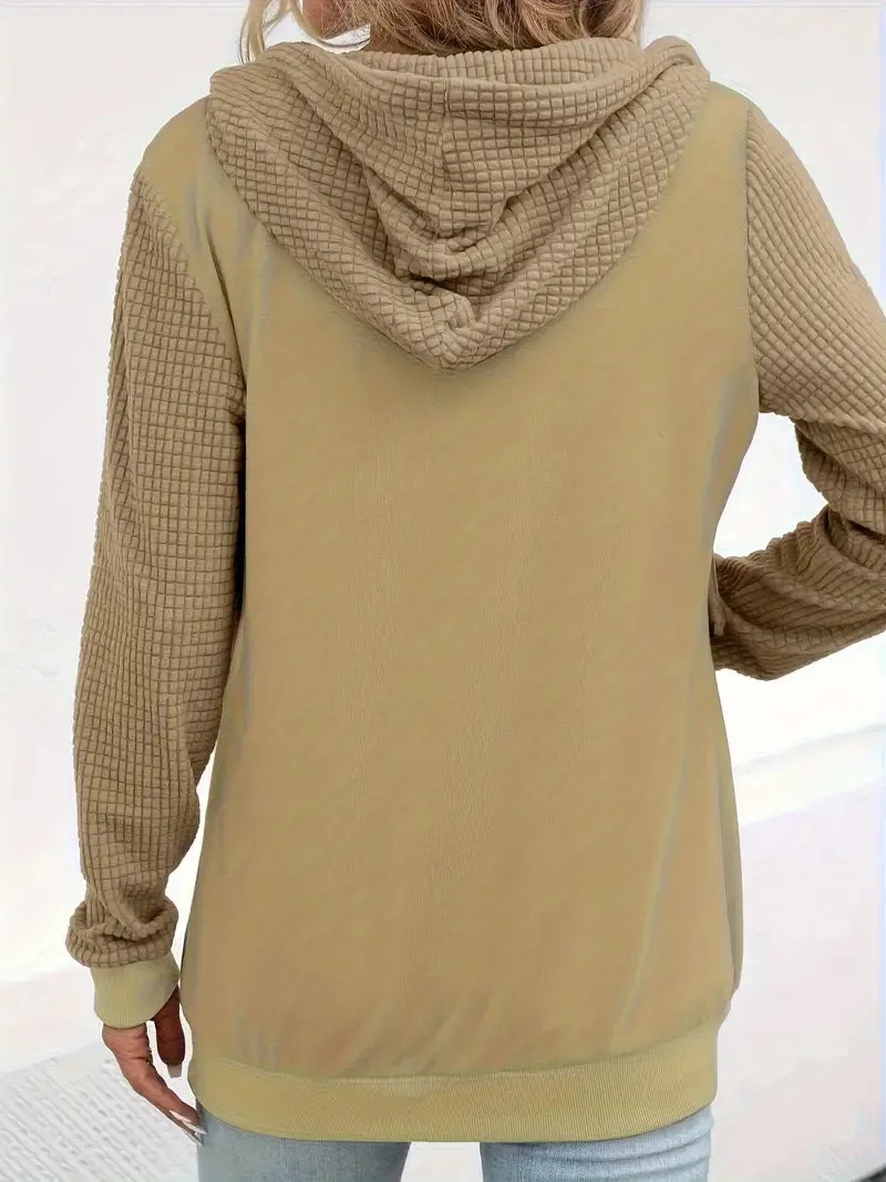NEW Waffle Grid Zip-up Drawstring Hoodie, Casual Long Sleeve Slant Pockets Hoodie Jacket, Women's Clothing, Sz XL