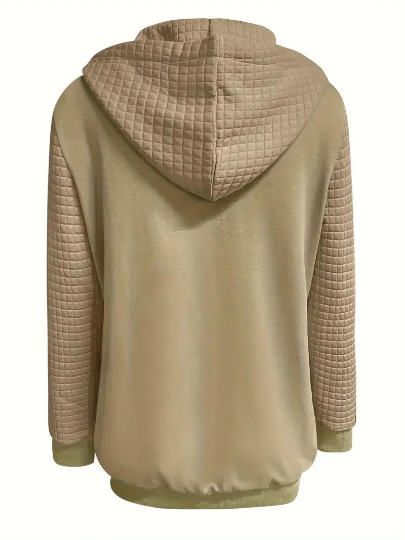 NEW Waffle Grid Zip-up Drawstring Hoodie, Casual Long Sleeve Slant Pockets Hoodie Jacket, Women's Clothing, Sz XL