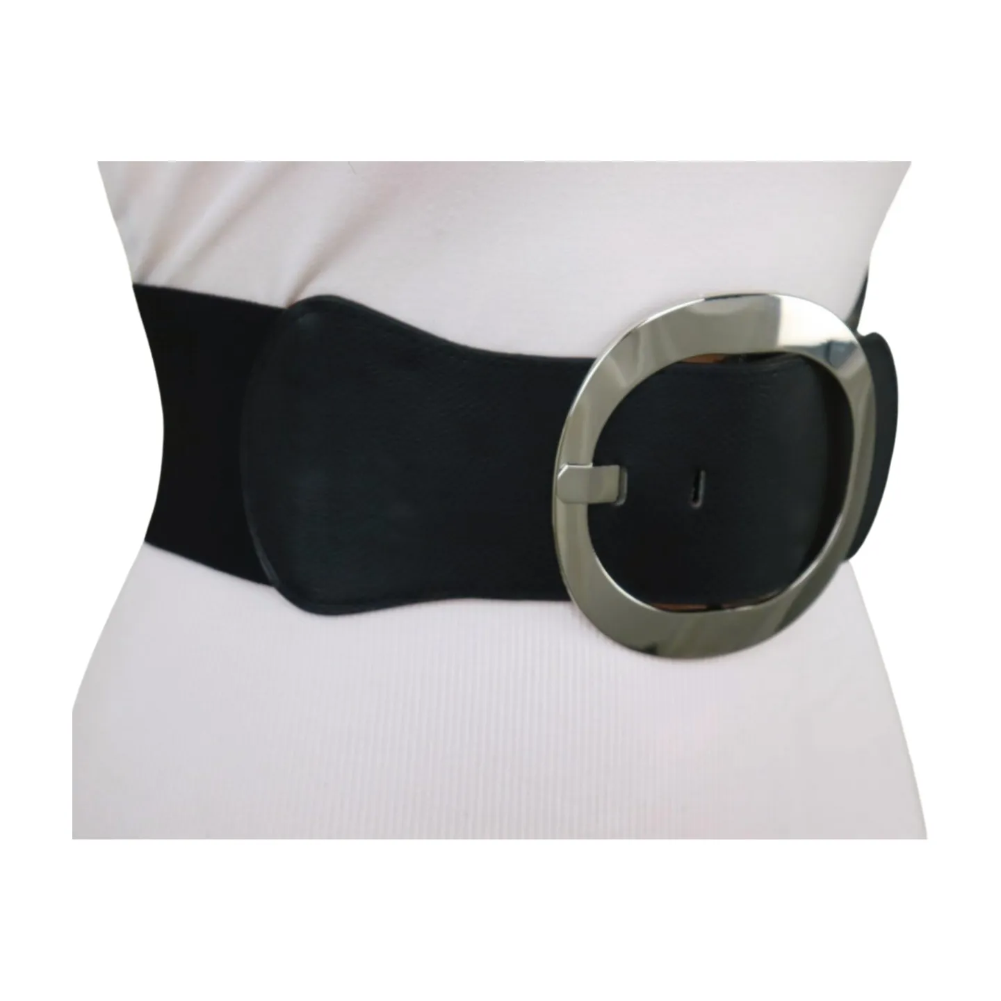 New Women Black Faux Leather Wide Fashion Elastic Belt Silver Round Metal Buckle S