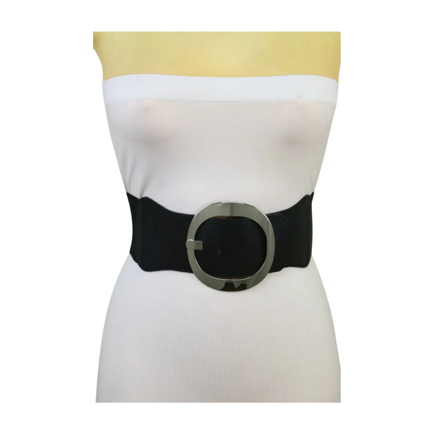 New Women Black Faux Leather Wide Fashion Elastic Belt Silver Round Metal Buckle S