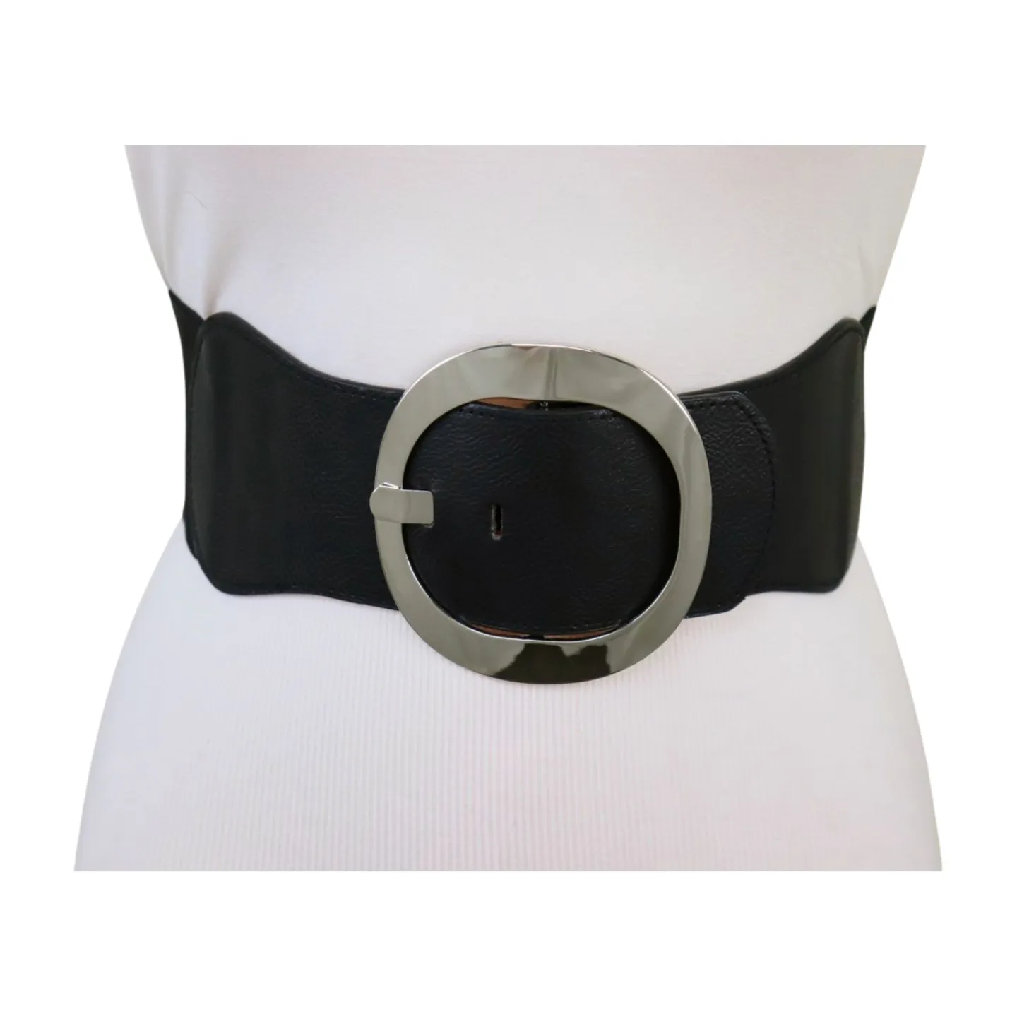 New Women Black Faux Leather Wide Fashion Elastic Belt Silver Round Metal Buckle S