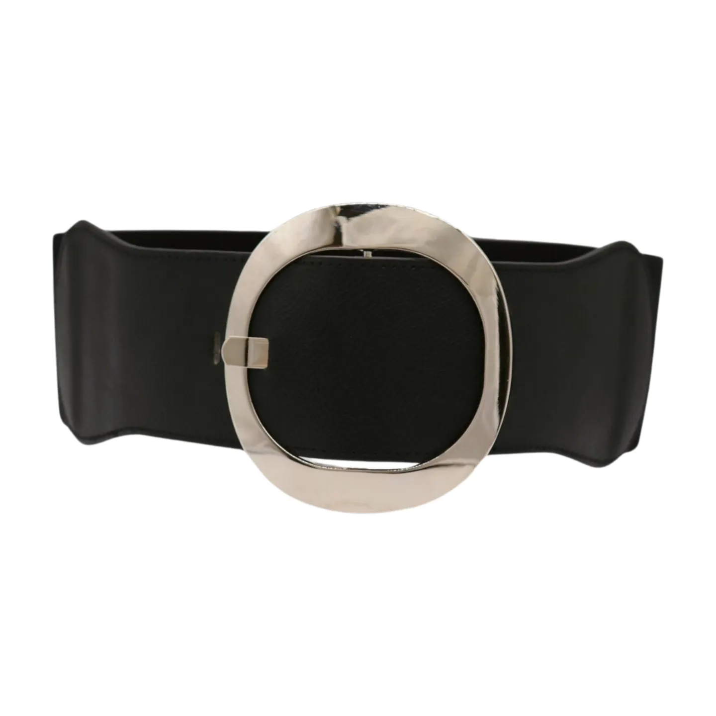New Women Black Faux Leather Wide Fashion Elastic Belt Silver Round Metal Buckle S