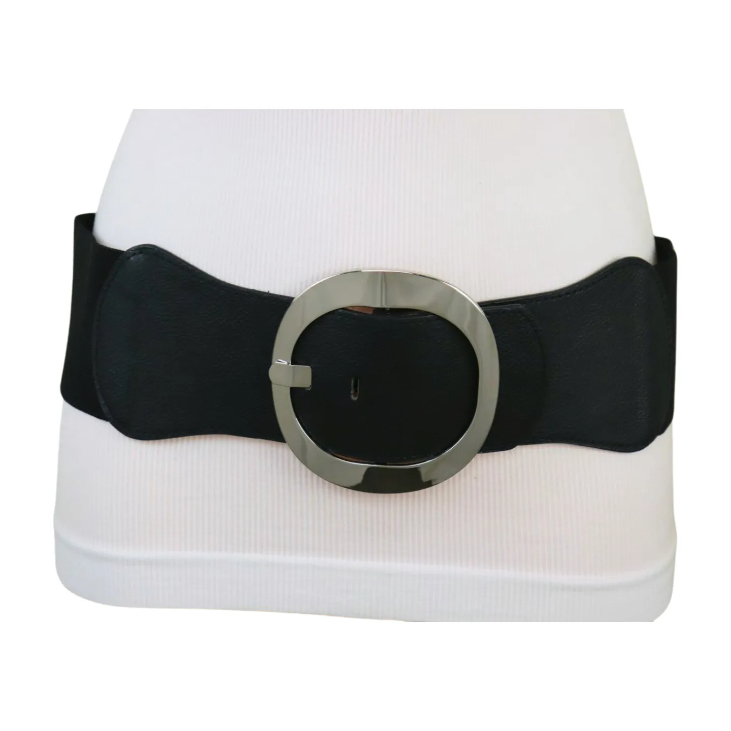 New Women Black Faux Leather Wide Fashion Elastic Belt Silver Round Metal Buckle S