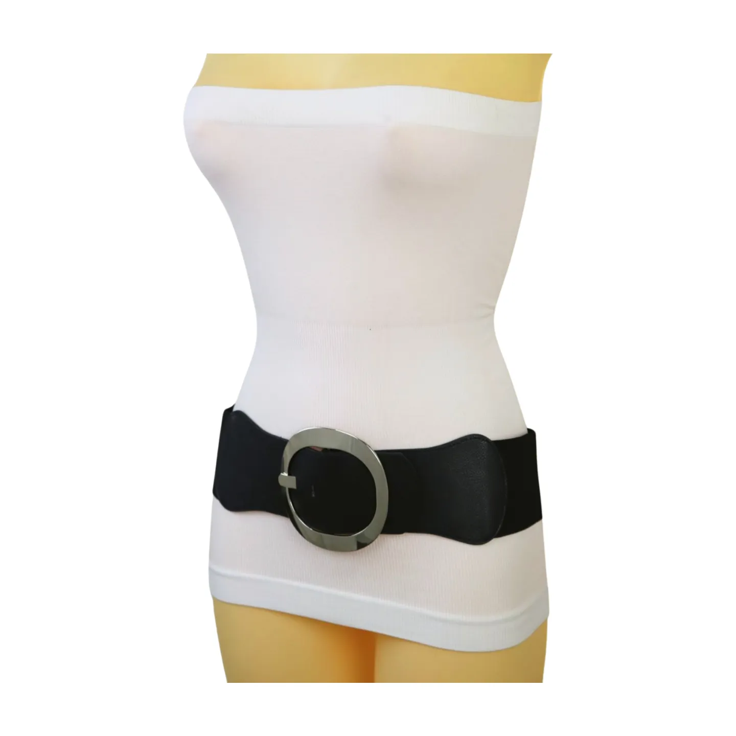 New Women Black Faux Leather Wide Fashion Elastic Belt Silver Round Metal Buckle S