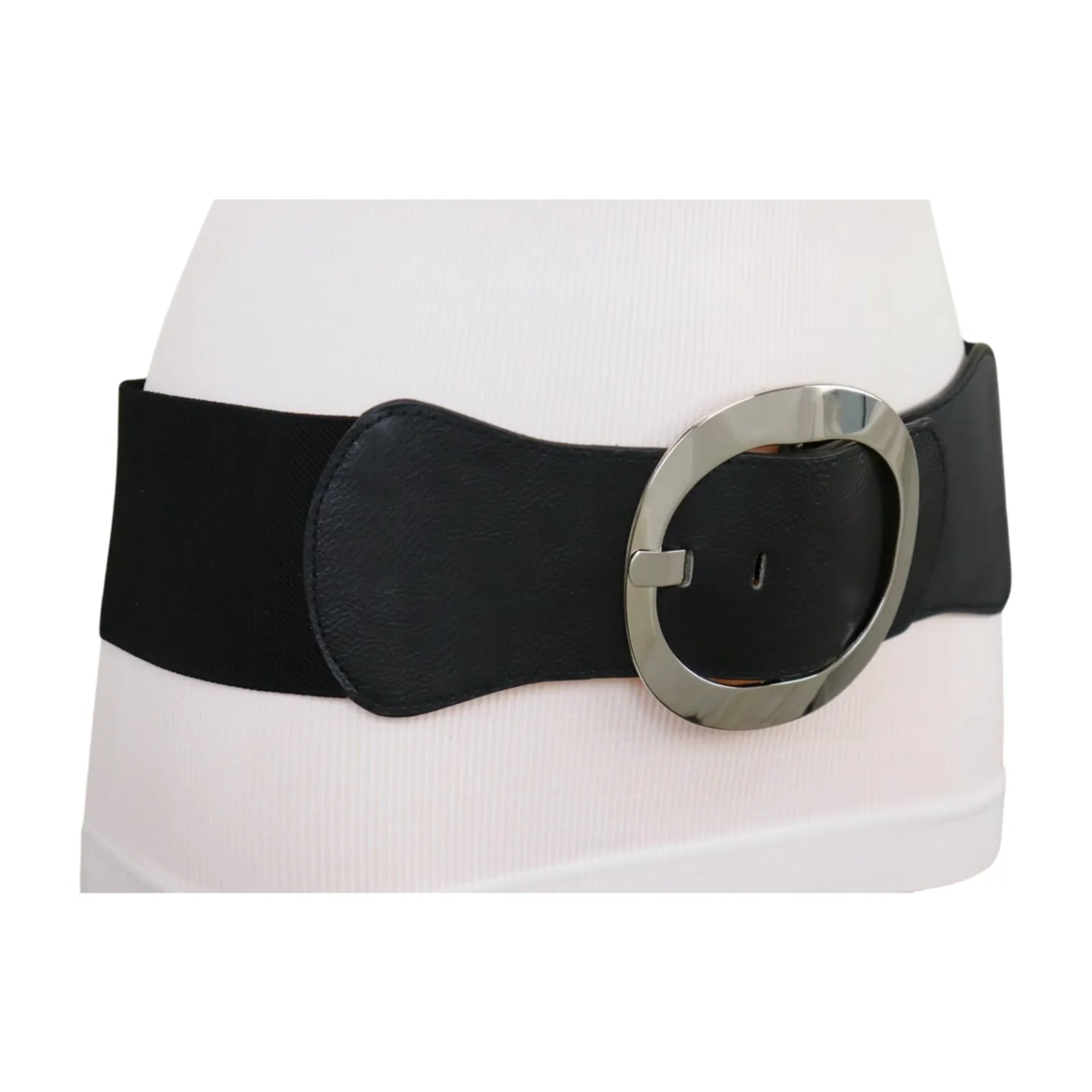 New Women Black Faux Leather Wide Fashion Elastic Belt Silver Round Metal Buckle S