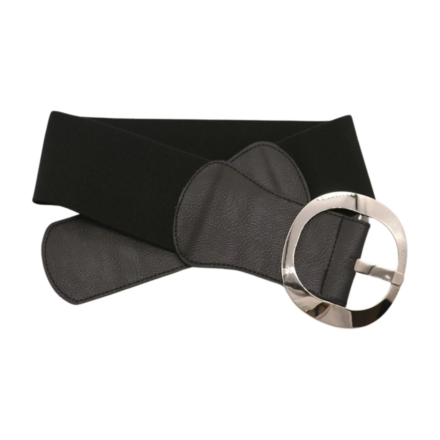 New Women Black Faux Leather Wide Fashion Elastic Belt Silver Round Metal Buckle S