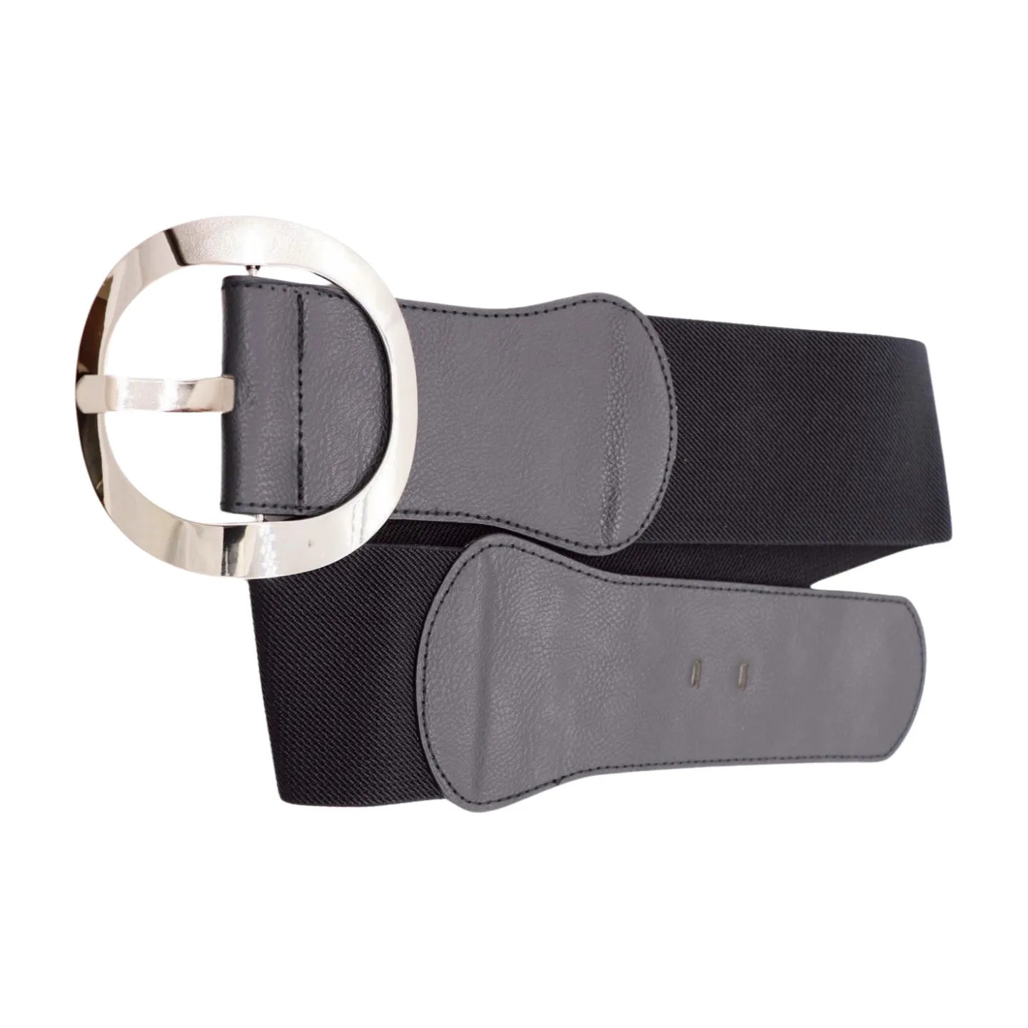 New Women Black Faux Leather Wide Fashion Elastic Belt Silver Round Metal Buckle S