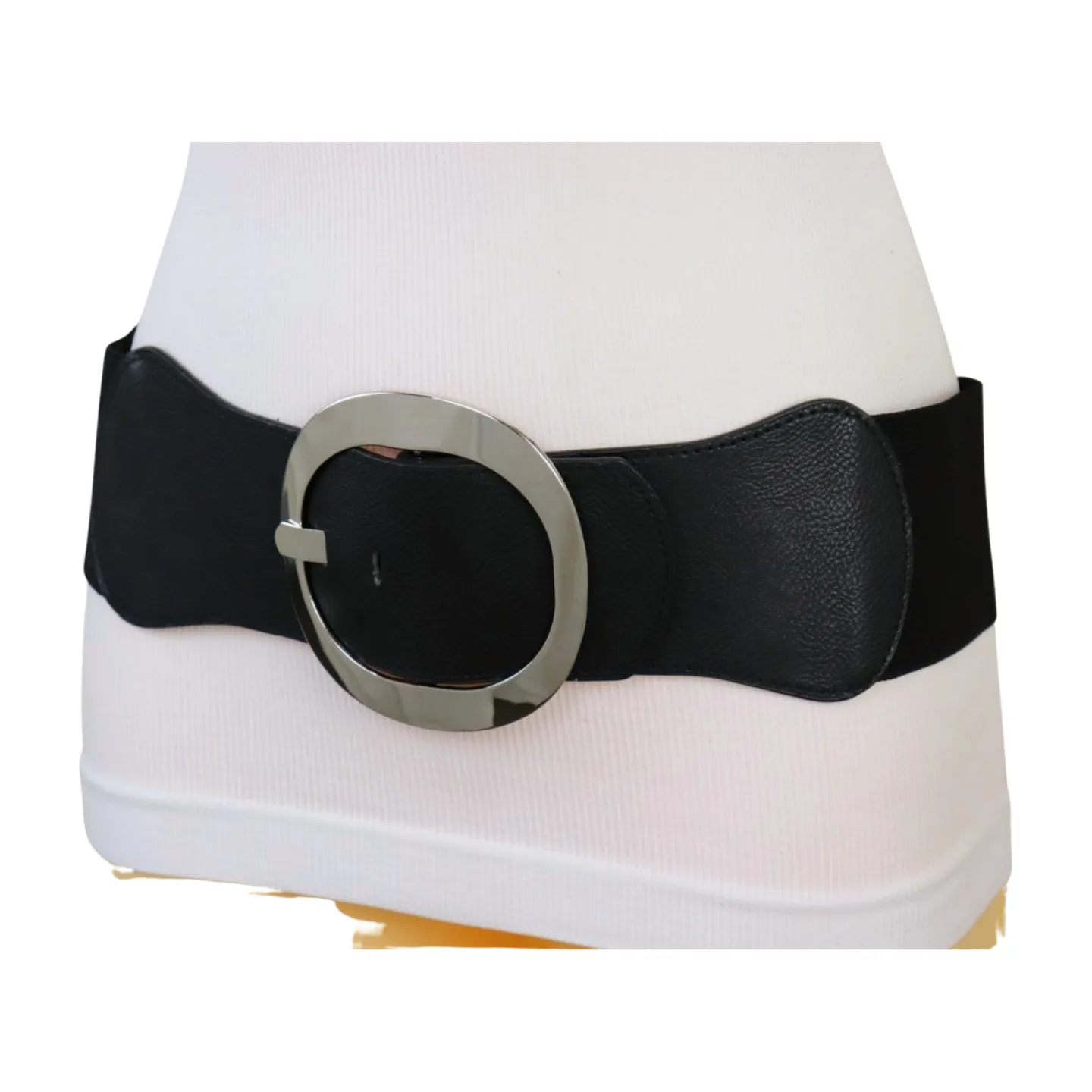 New Women Black Faux Leather Wide Fashion Elastic Belt Silver Round Metal Buckle S