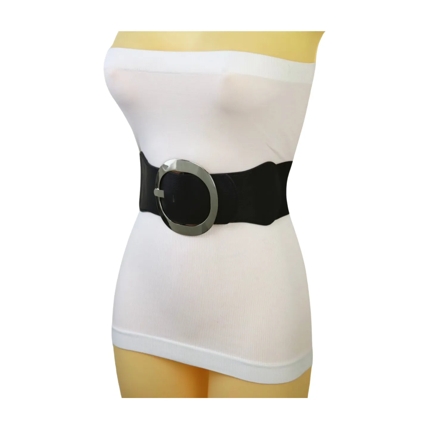 New Women Black Faux Leather Wide Fashion Elastic Belt Silver Round Metal Buckle S