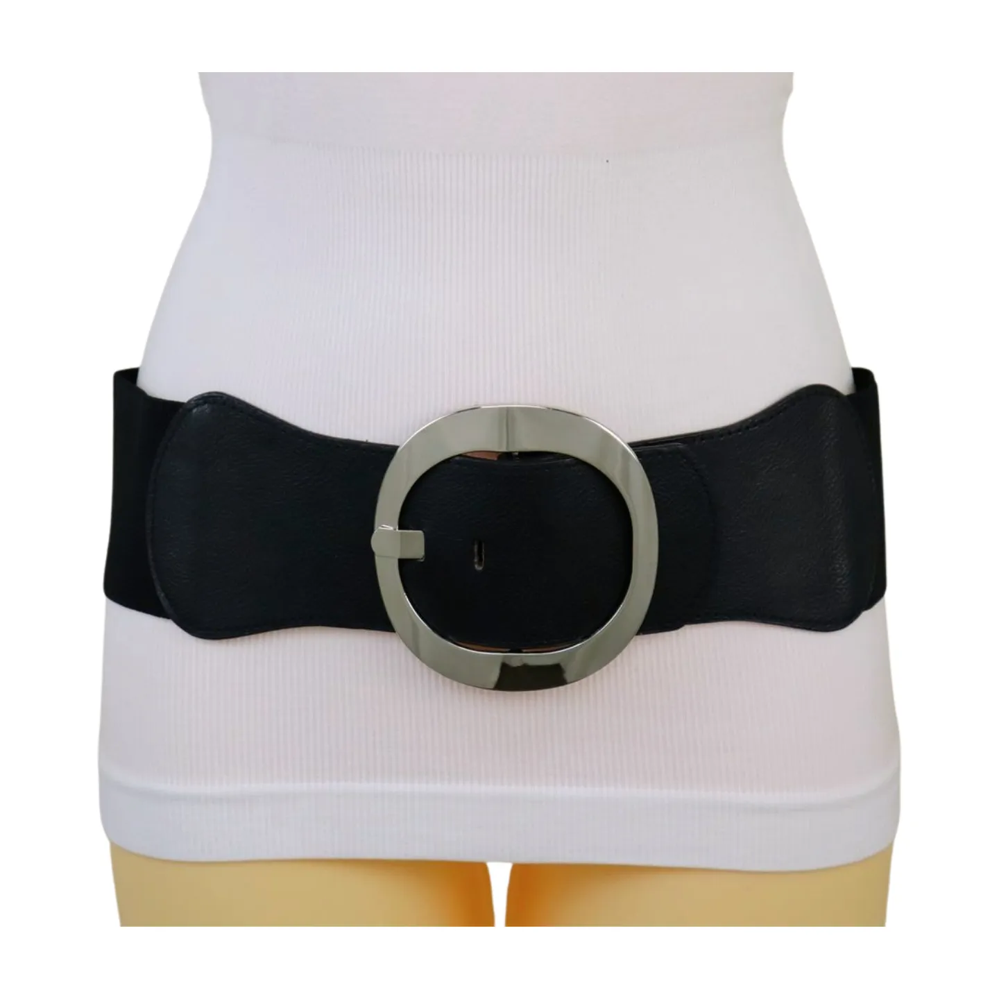 New Women Black Faux Leather Wide Fashion Elastic Belt Silver Round Metal Buckle S