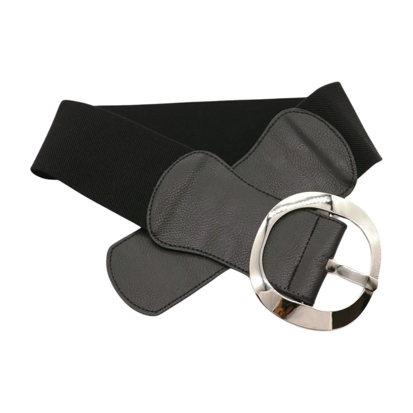 New Women Black Faux Leather Wide Fashion Elastic Belt Silver Round Metal Buckle S
