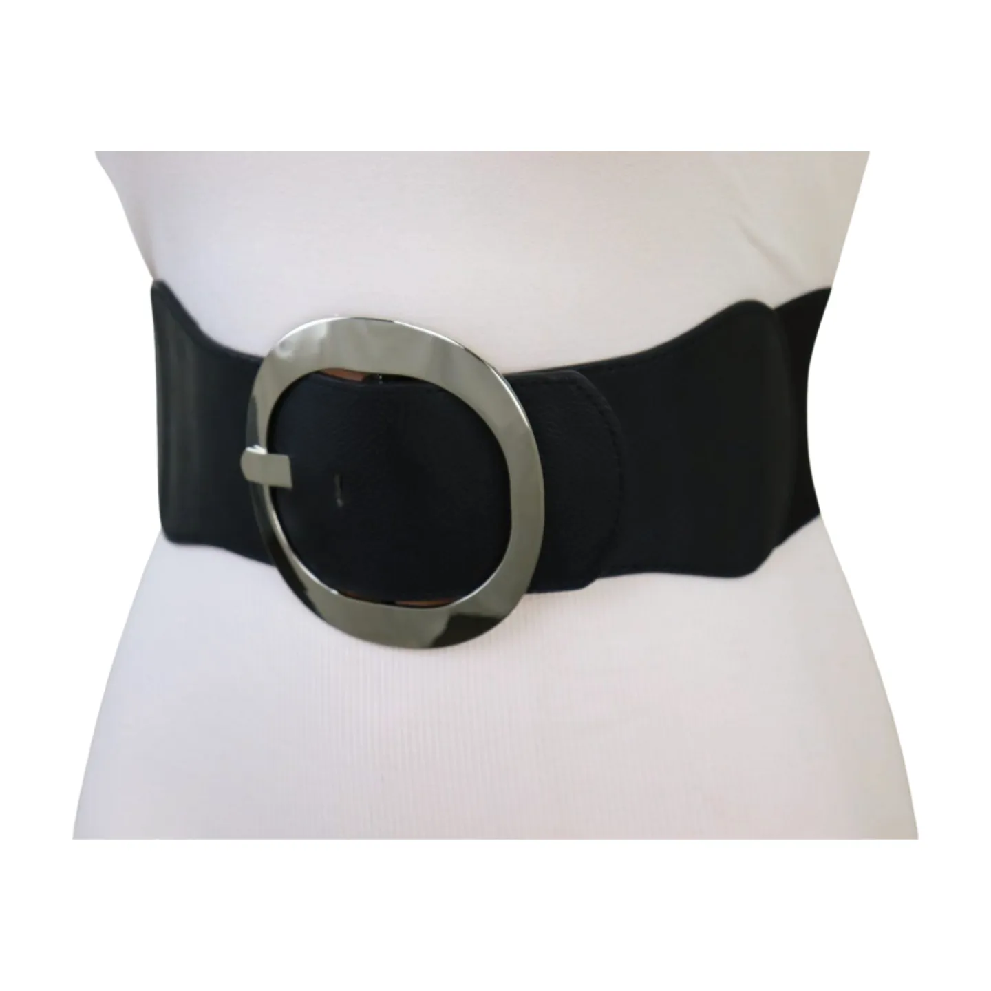 New Women Black Faux Leather Wide Fashion Elastic Belt Silver Round Metal Buckle S