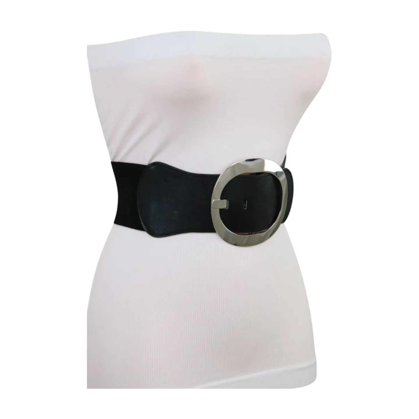New Women Black Faux Leather Wide Fashion Elastic Belt Silver Round Metal Buckle S