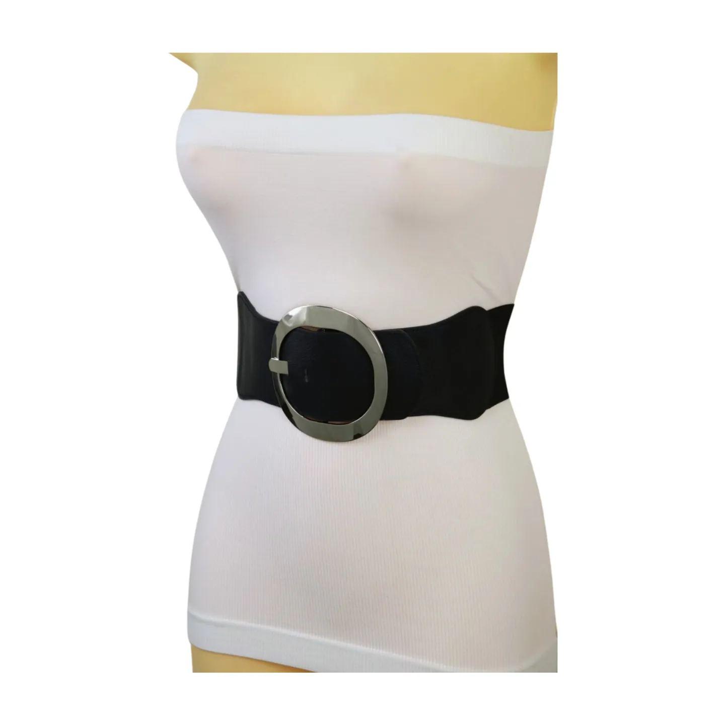 New Women Black Faux Leather Wide Fashion Elastic Belt Silver Round Metal Buckle S