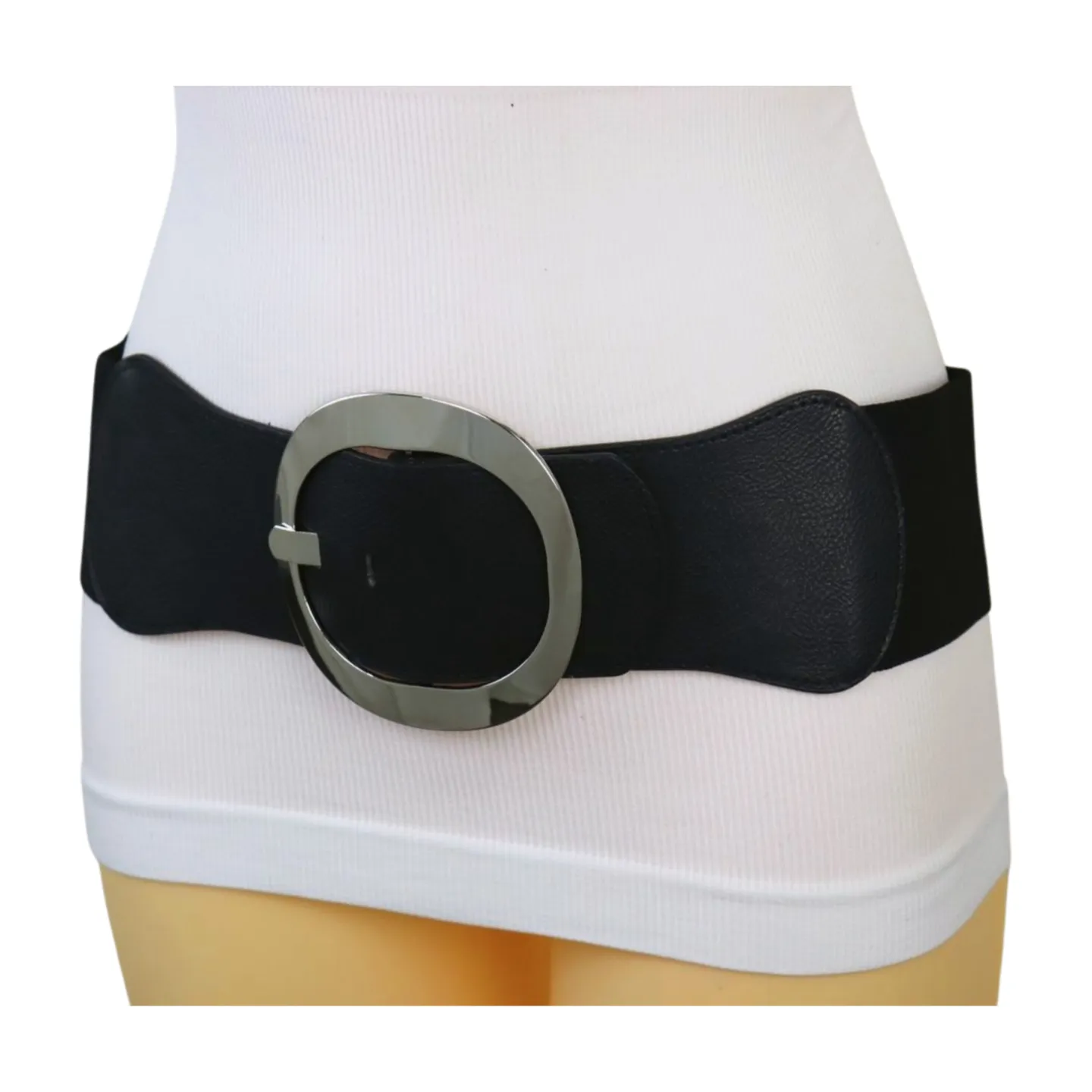 New Women Black Faux Leather Wide Fashion Elastic Belt Silver Round Metal Buckle S