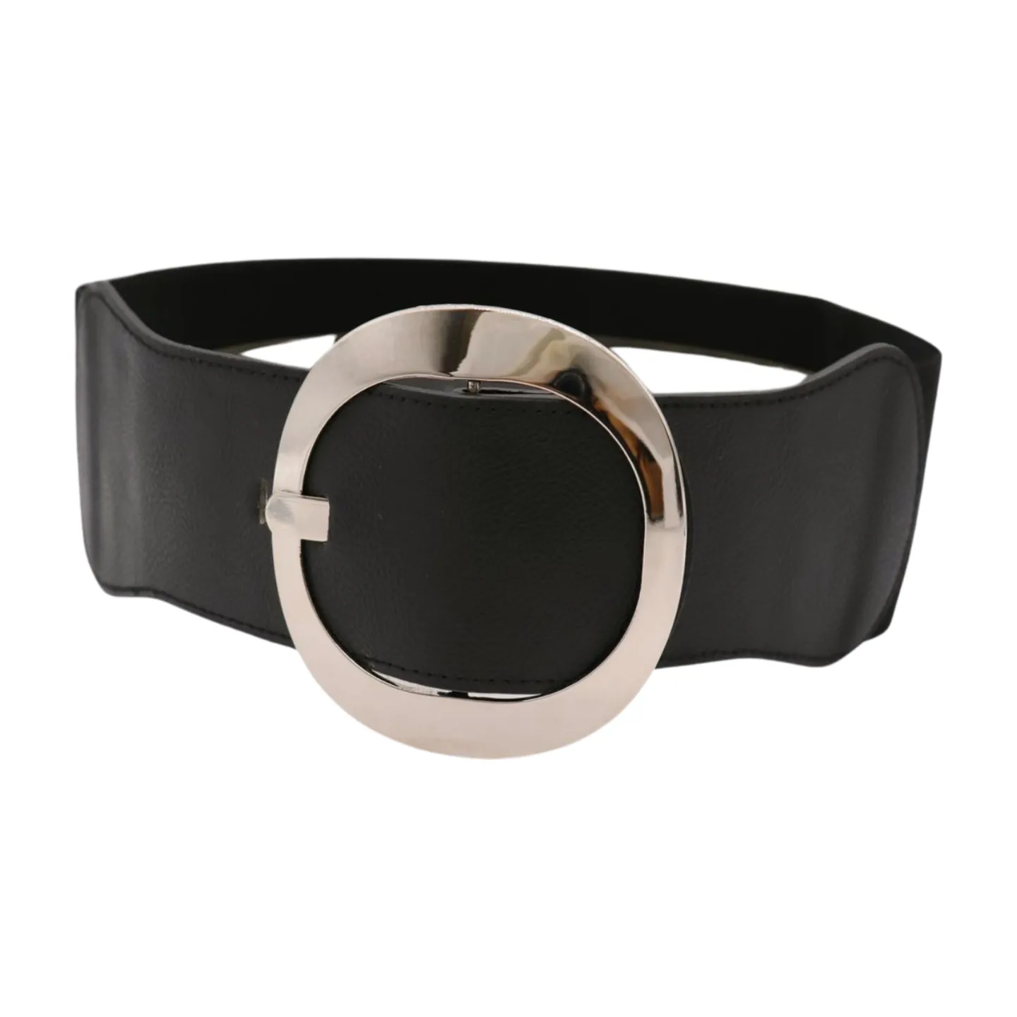 New Women Black Faux Leather Wide Fashion Elastic Belt Silver Round Metal Buckle S