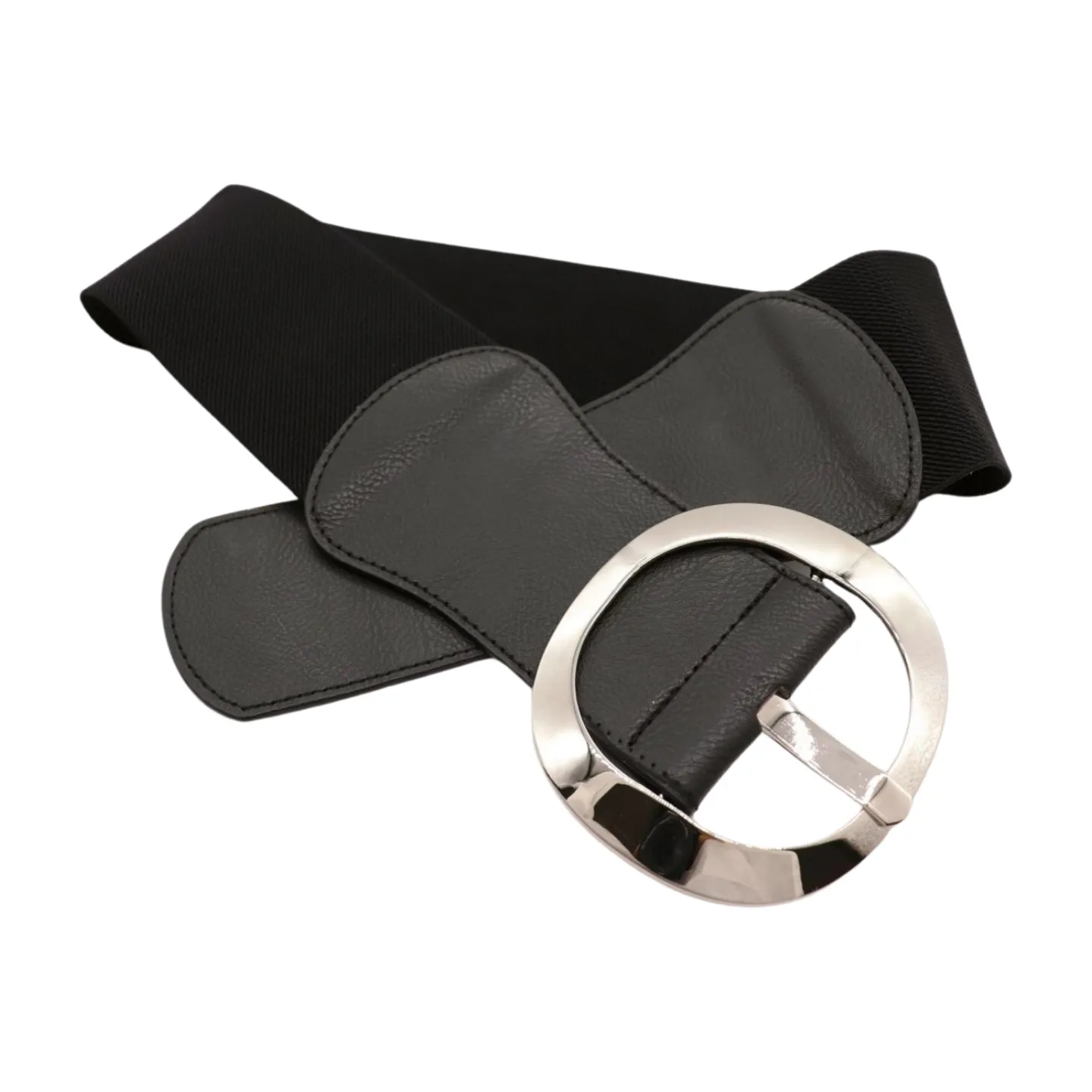 New Women Black Faux Leather Wide Fashion Elastic Belt Silver Round Metal Buckle S
