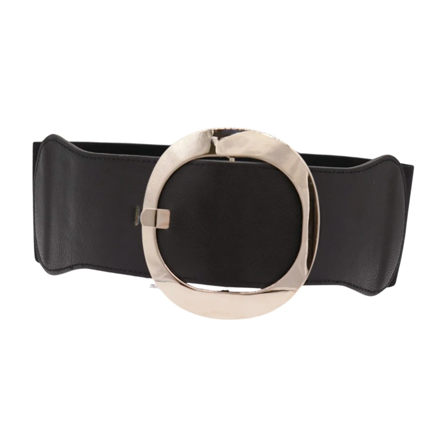 New Women Black Faux Leather Wide Fashion Elastic Belt Silver Round Metal Buckle S