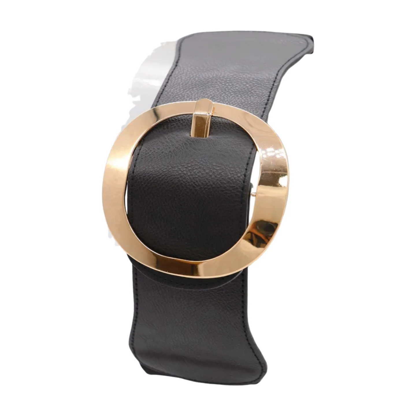 New Women Black Wide Faux Leather Fashion Elastic Waistband Belt Gold Round Buckle XS S