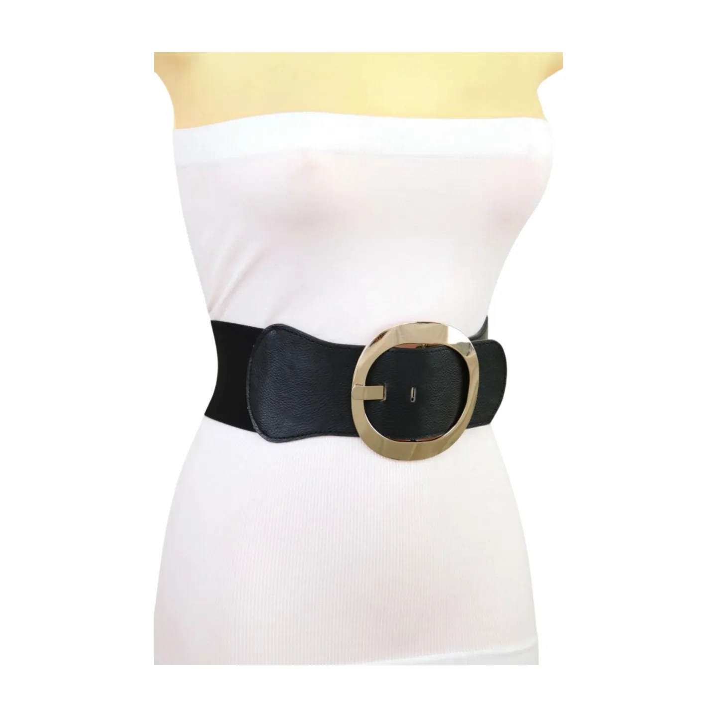 New Women Black Wide Faux Leather Fashion Elastic Waistband Belt Gold Round Buckle XS S