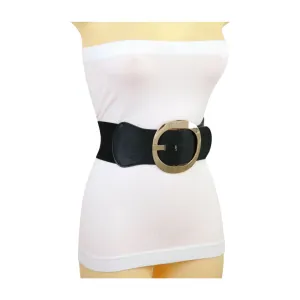 New Women Black Wide Faux Leather Fashion Elastic Waistband Belt Gold Round Buckle XS S