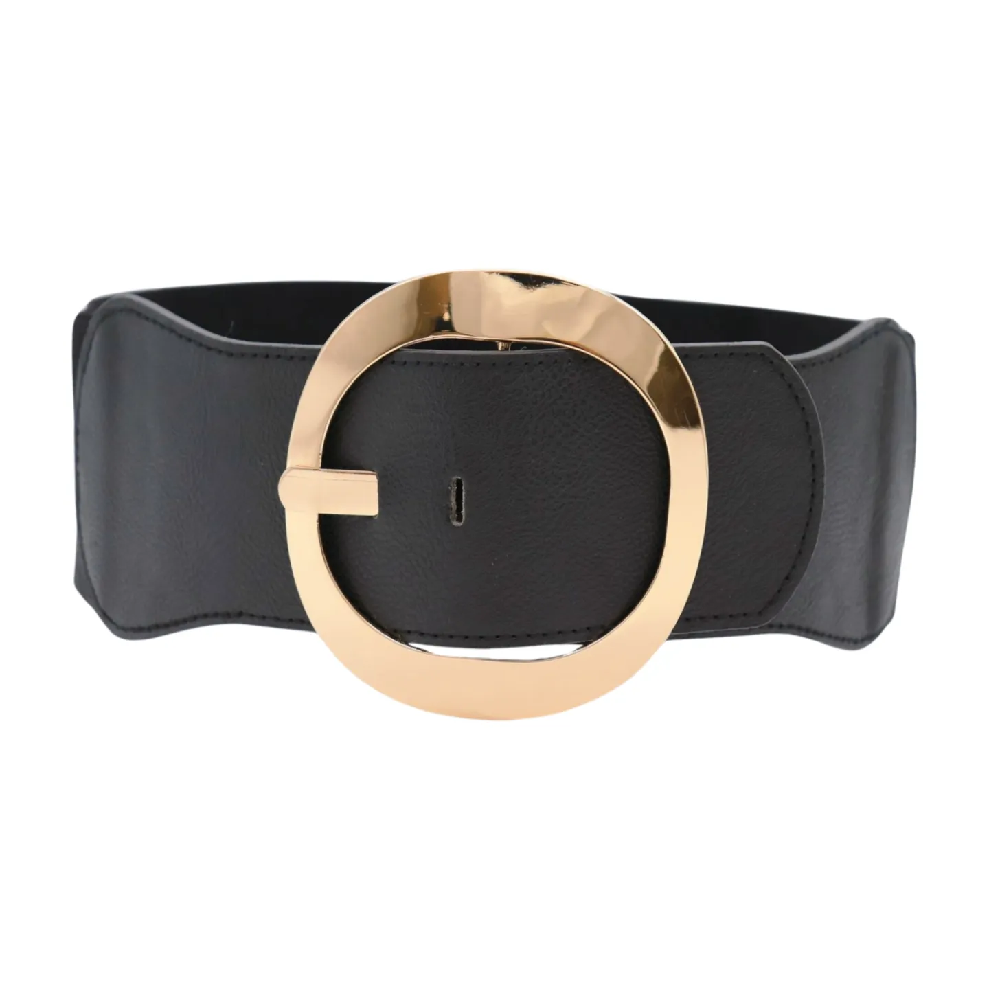 New Women Black Wide Faux Leather Fashion Elastic Waistband Belt Gold Round Buckle XS S