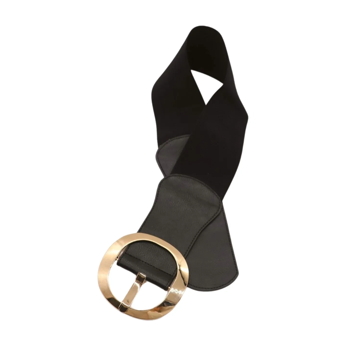 New Women Black Wide Faux Leather Fashion Elastic Waistband Belt Gold Round Buckle XS S