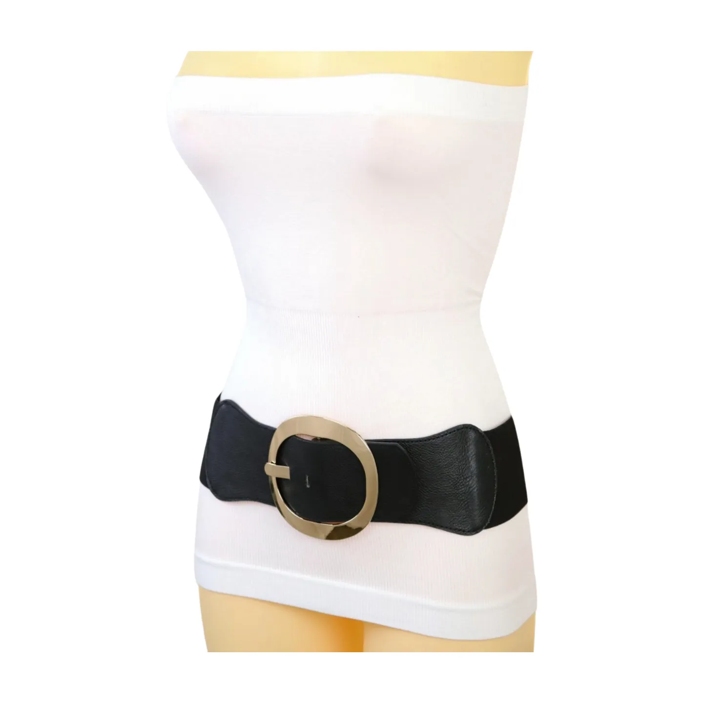 New Women Black Wide Faux Leather Fashion Elastic Waistband Belt Gold Round Buckle XS S