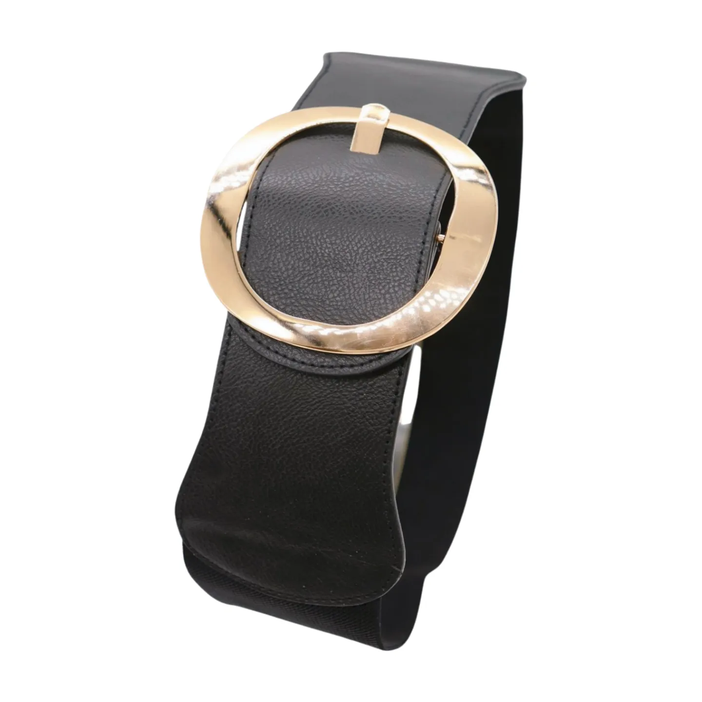 New Women Black Wide Faux Leather Fashion Elastic Waistband Belt Gold Round Buckle XS S