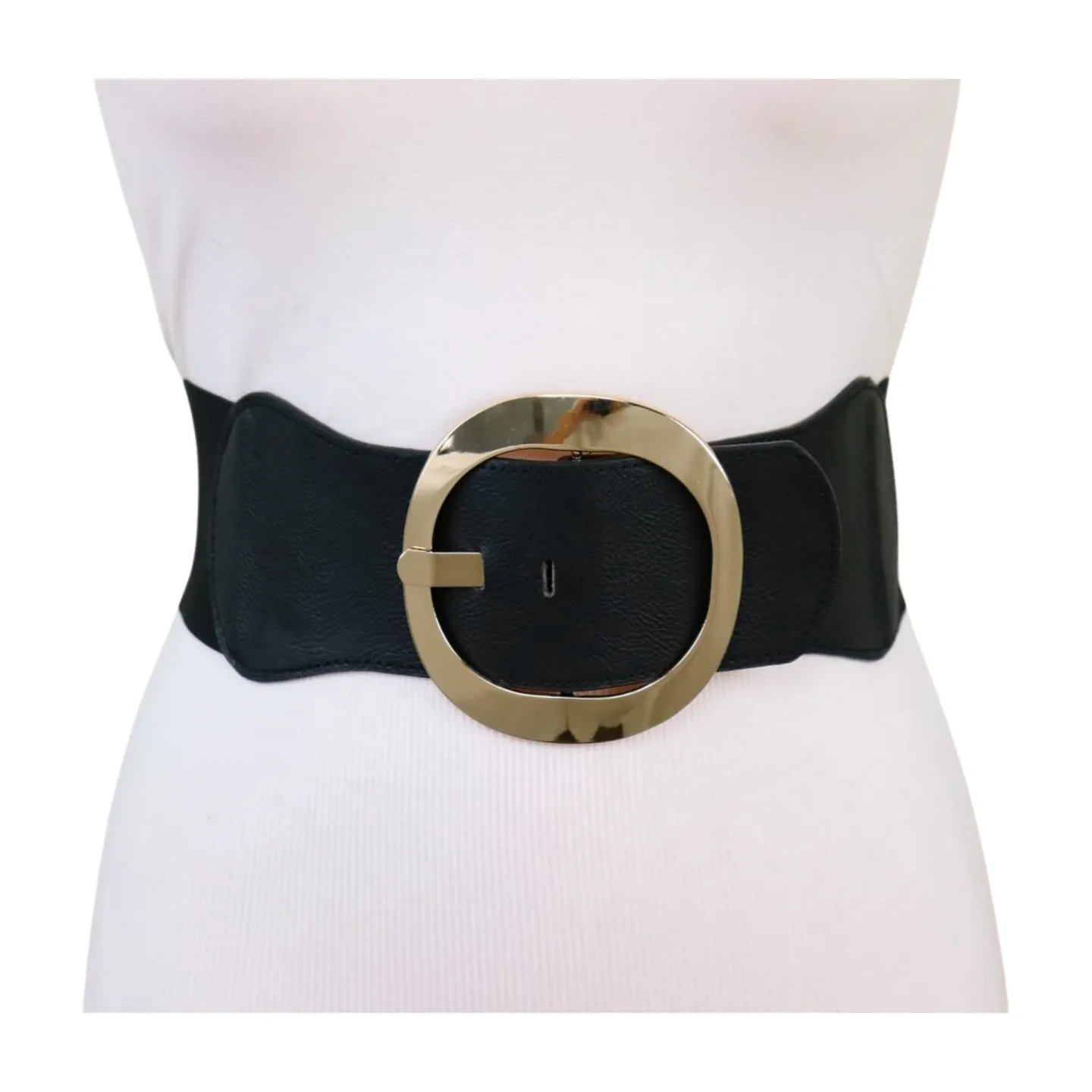 New Women Black Wide Faux Leather Fashion Elastic Waistband Belt Gold Round Buckle XS S