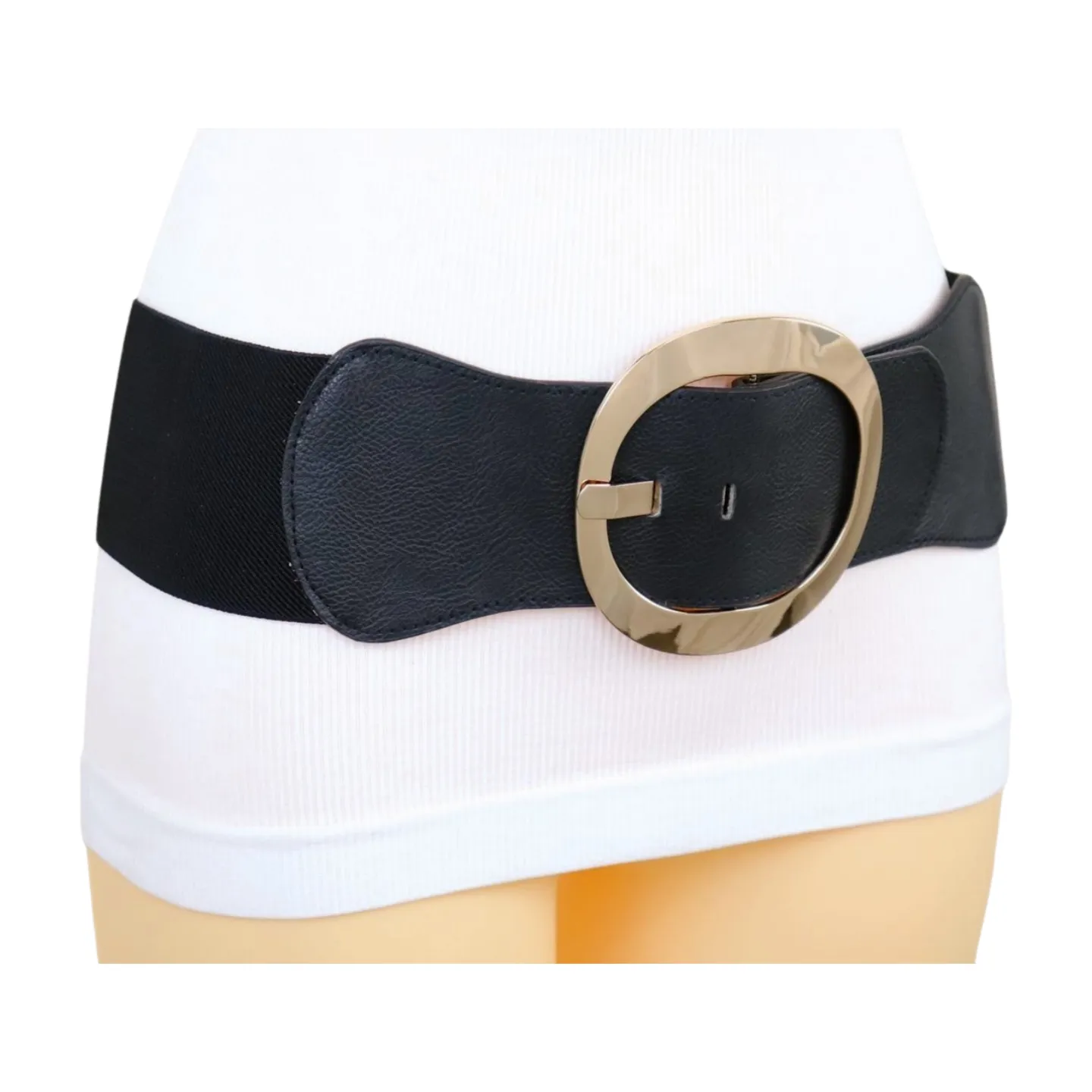 New Women Black Wide Faux Leather Fashion Elastic Waistband Belt Gold Round Buckle XS S