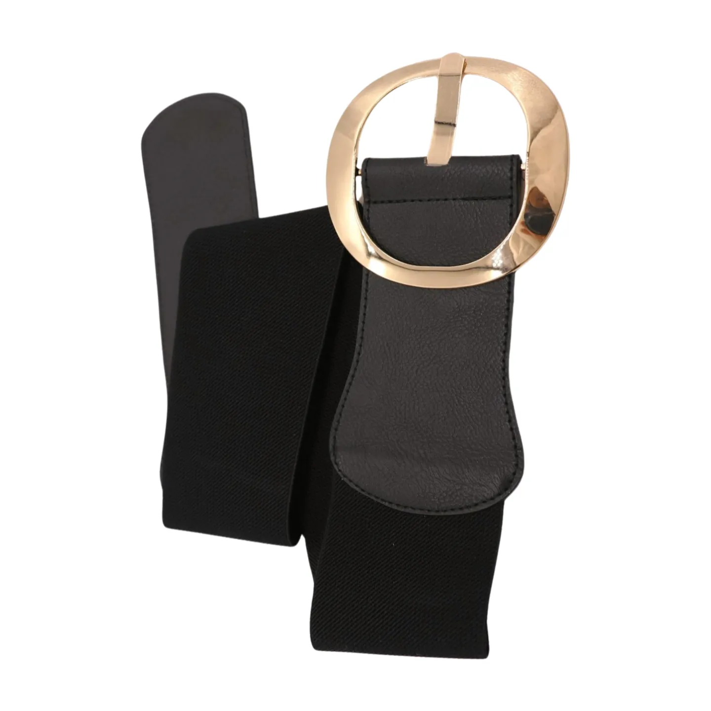 New Women Black Wide Faux Leather Fashion Elastic Waistband Belt Gold Round Buckle XS S