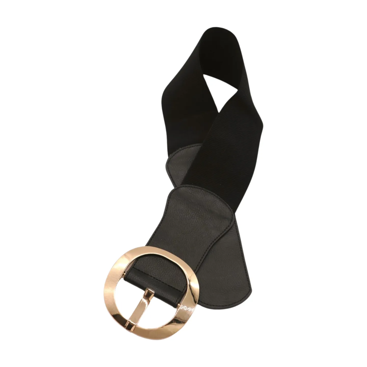 New Women Black Wide Faux Leather Fashion Elastic Waistband Belt Gold Round Buckle XS S