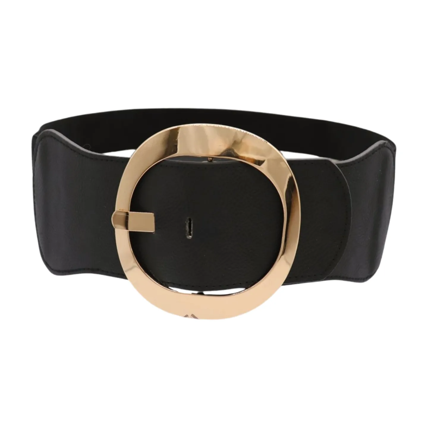 New Women Black Wide Faux Leather Fashion Elastic Waistband Belt Gold Round Buckle XS S